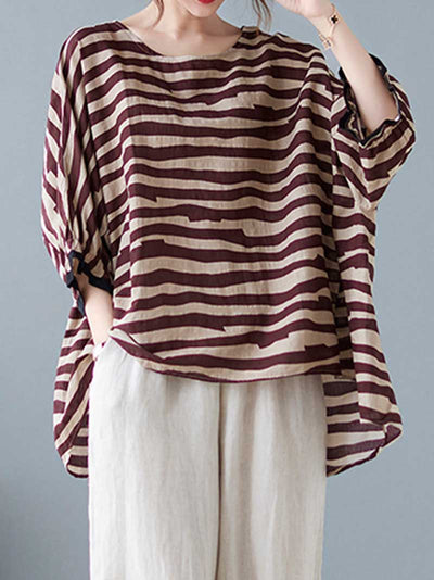 Stripes Print Round-Neck Doll Sleeves Top