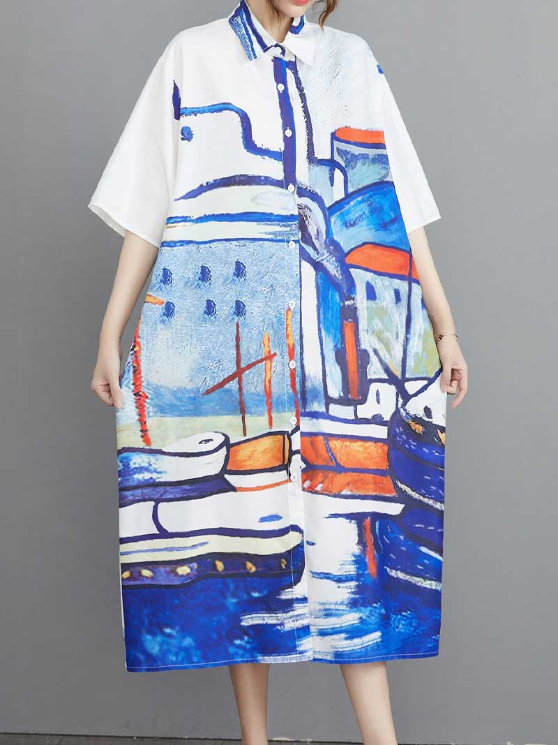  Abstract Art Print Cotton A-Line Shirt Dress