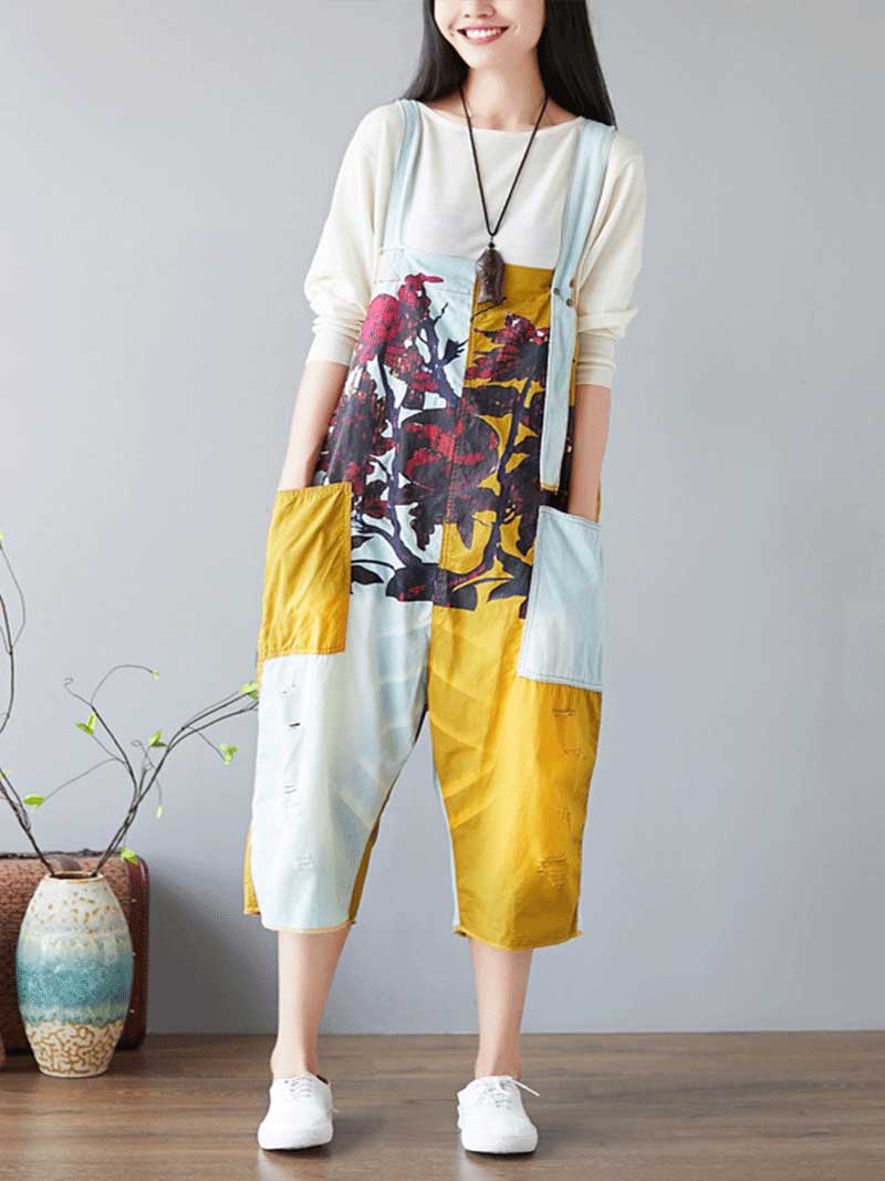 Colorblock Patch Cotton Overalls with Cropped Trousers