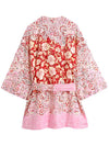 Evatrends cotton gown robe printed kimonos, Outerwear, Polyester, Nightwear, Short kimono, Short Sleeves, Pink, loose fitting, Floral Print, Belted