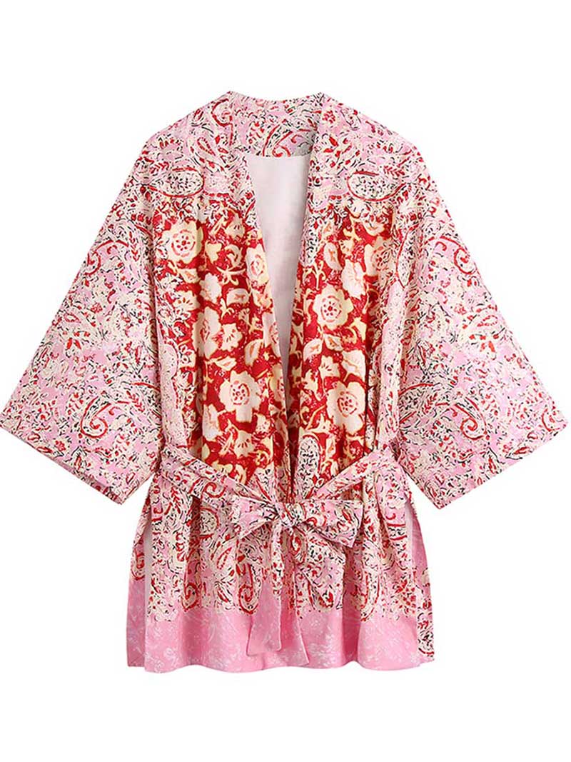 Evatrends cotton gown robe printed kimonos, Outerwear, Polyester, Nightwear, Short kimono, Short Sleeves, Pink, loose fitting, Floral Print, Belted