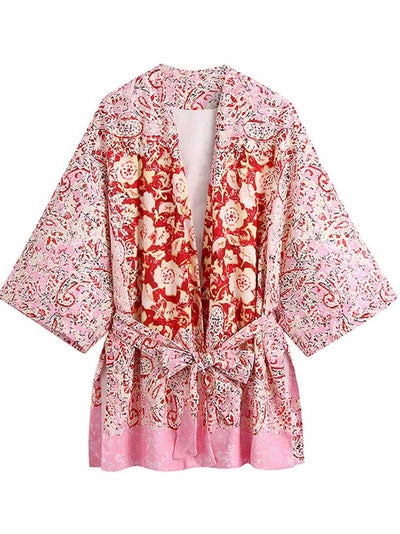 Evatrends cotton gown robe printed kimonos, Outerwear, Polyester, Nightwear, Short kimono, Short Sleeves, Pink, loose fitting, Floral Print, Belted