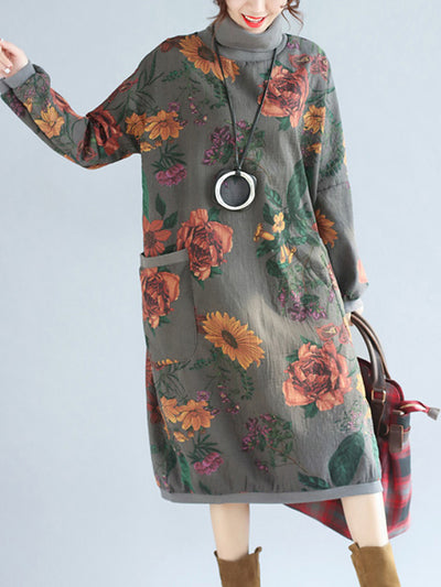 Floral Print High Collar Pocket Sweater Dress