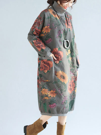 Floral Print High Collar Pocket Sweater Dress