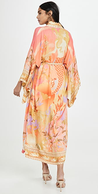 Floral Partywear Cotton Silk Kimono Orange Color Cotton Long Length Gown Robe Kimono