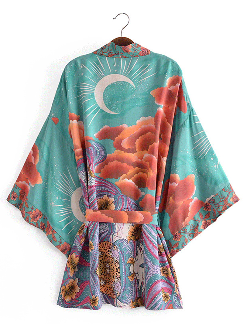 Evatrends cotton gown robe printed kimonos, Outerwear, Cotton, Nightwear, short kimono, Reglan sleeves, long Sleeves, loose fitting, floral print, Plant flower, Belted