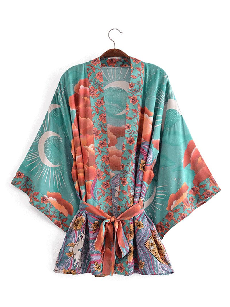 Evatrends cotton gown robe printed kimonos, Outerwear, Cotton, Nightwear, short kimono, Reglan sleeves, long Sleeves, loose fitting, floral print, Plant flower, Belted