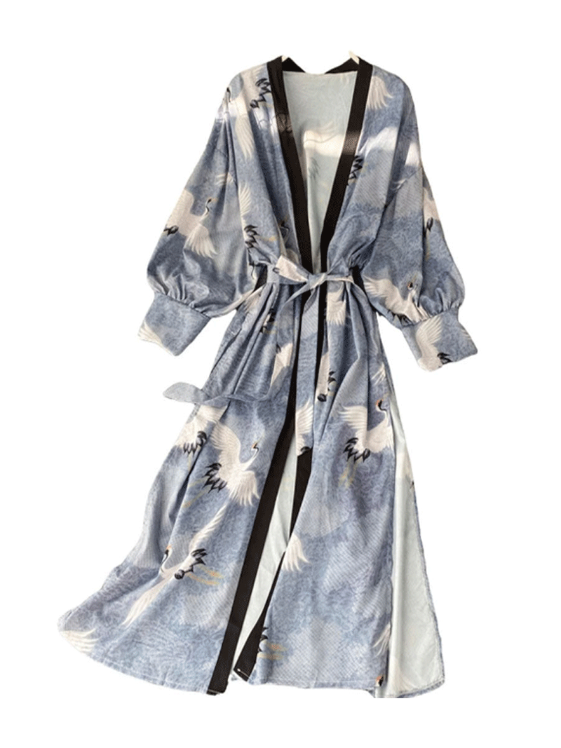 Evatrends cotton gown robe printed kimonos, Outerwear, Polyester, Nightwear, long kimono, Broad sleeves with Cuffs, Light Blue colors, Relax fit, Sawan print