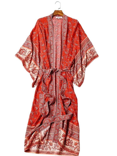 Evatrends cotton gown robe printed kimonos, Outerwear, : 90% Cotton, 10% Viscose, Nightwear, long kimono, Board Sleeves, loose fitting, Red base with Bohemian Pattern Print